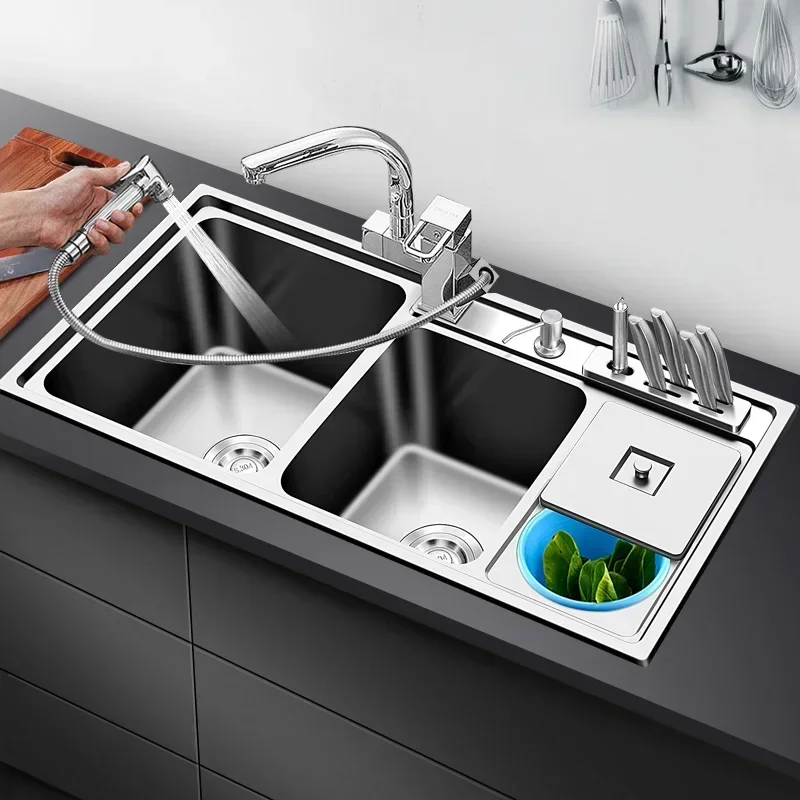 Brushed Silver Large Double Sink Stainless Steel Kitchen Sink with Knife Rack Drainage Basket Soap Dispenser Pressurised Dispens