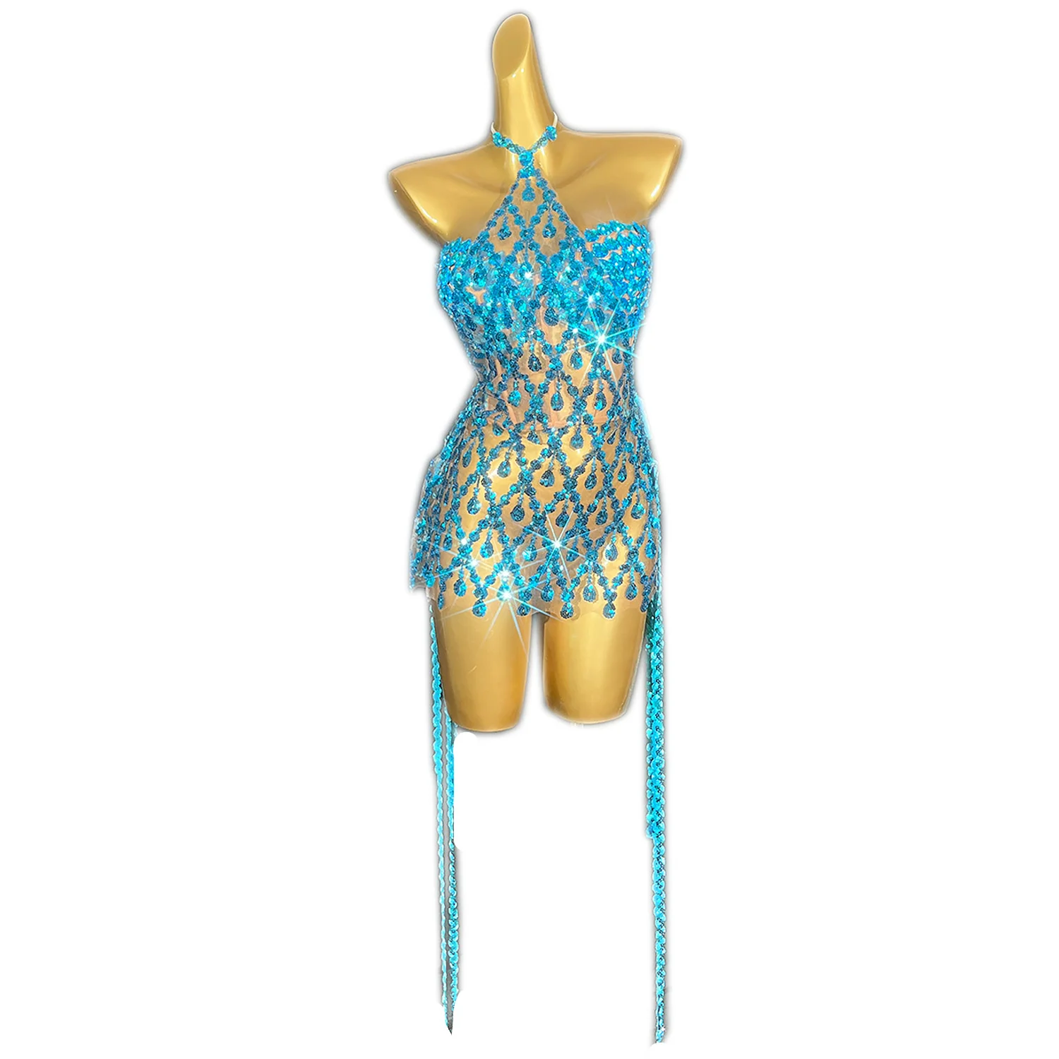 

Sparkly Blue Crystals Sequins Dress Sexy Mesh Halter 2-Piece Set Dress for Women Party Birthday Dress Singer Stage Wear Cuiniao