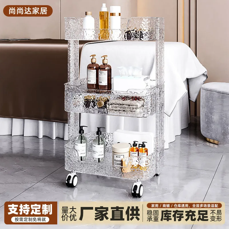 Manufacturer's three-layer transparent crystal pattern bathroom rack with wheel movable washstand storage rack