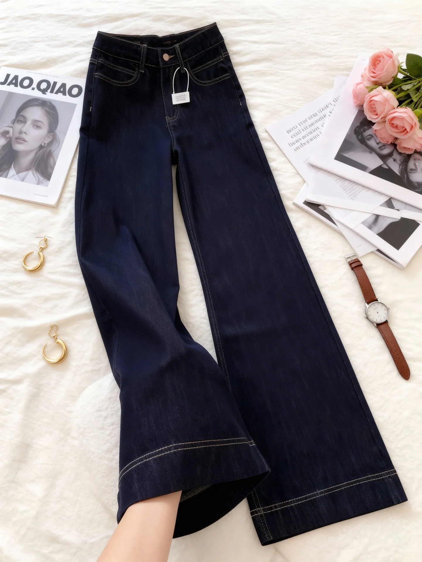 Jeans da donna blu intenso Thiened Fce Pantaloni micro svasati larghi a vita alta Autunno Inverno Pantaloni casual comodi taglie forti