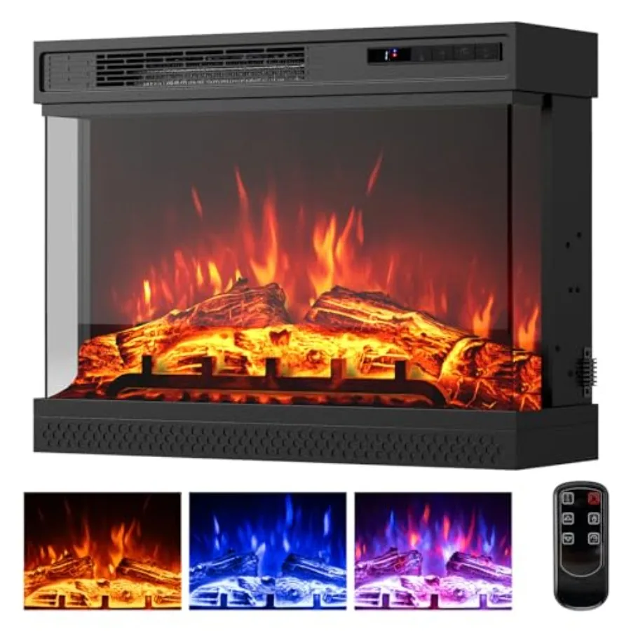 

24-дюймовый встраиваемый 3-сторонний электрический камин с мощностью нагрева 750 Вт/1500 Вт, 3 цвета пламени и 6 уровней яркости, дистанционное управление