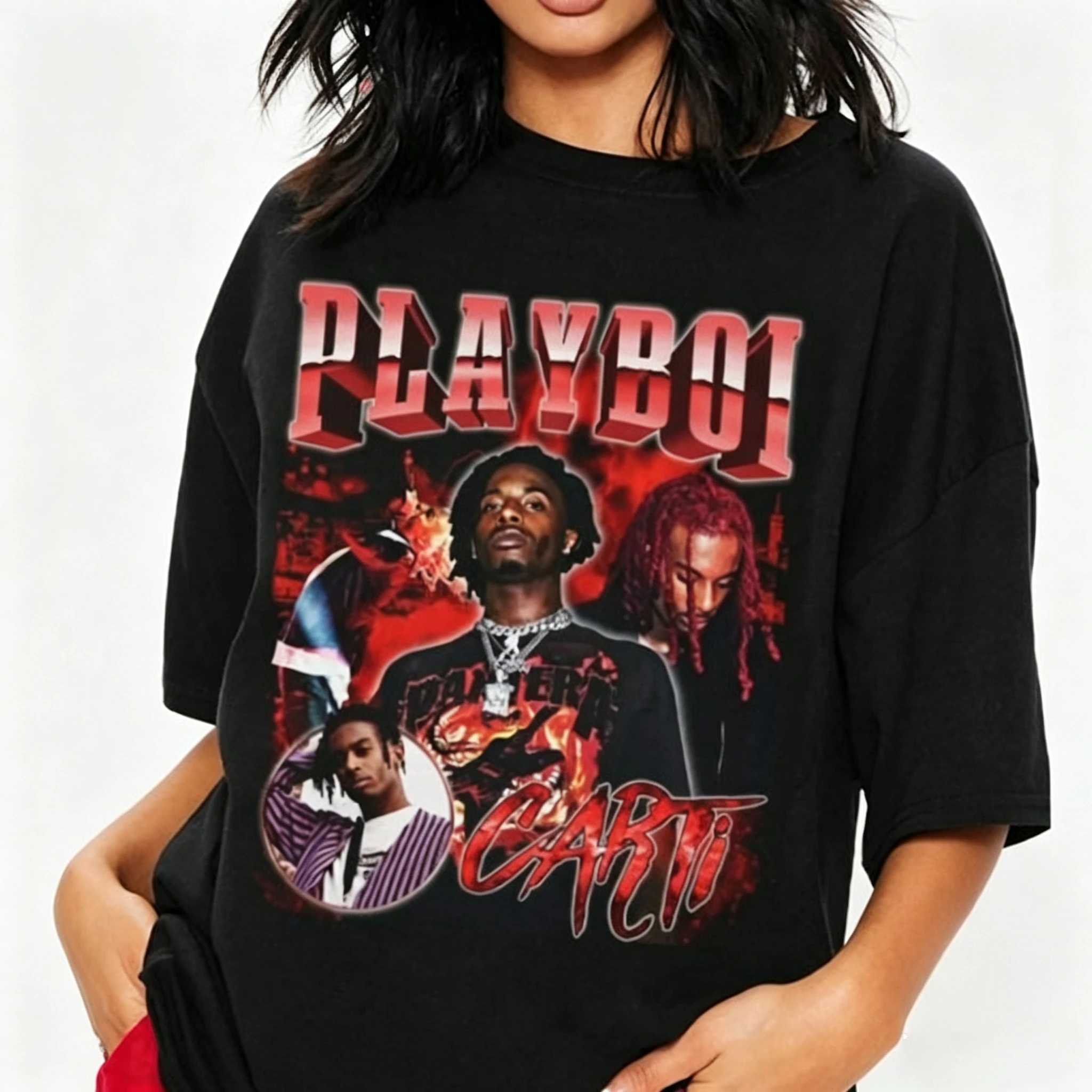 Vintage Playboi Carti Bootleg T-Shirt 90s Hip Hop Rapper Graphic Tee Men Women Oversized Casual Cotton Shirts