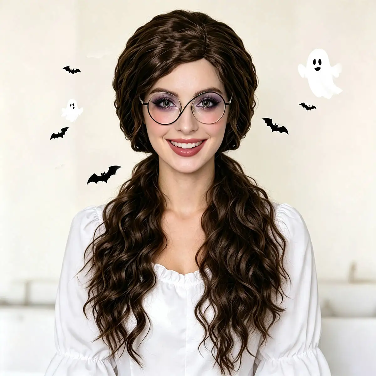 Brown Long Curly Ponytail Wig Glasses Wig Cap Set Synthetic Hair Cosplay Halloween Costume Party Full Wigs for Women