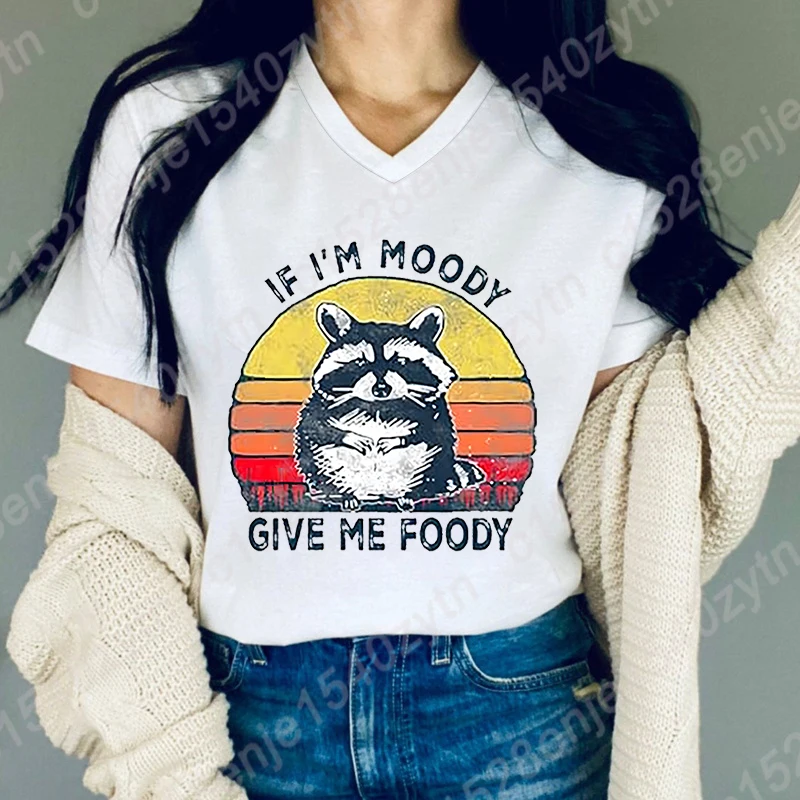 Women Fashion T-Shirt Racoon If I'm Moody Give Me Foody Print T-shirts Summer Casual Loose V-Neck Creative Personalized T-shirts