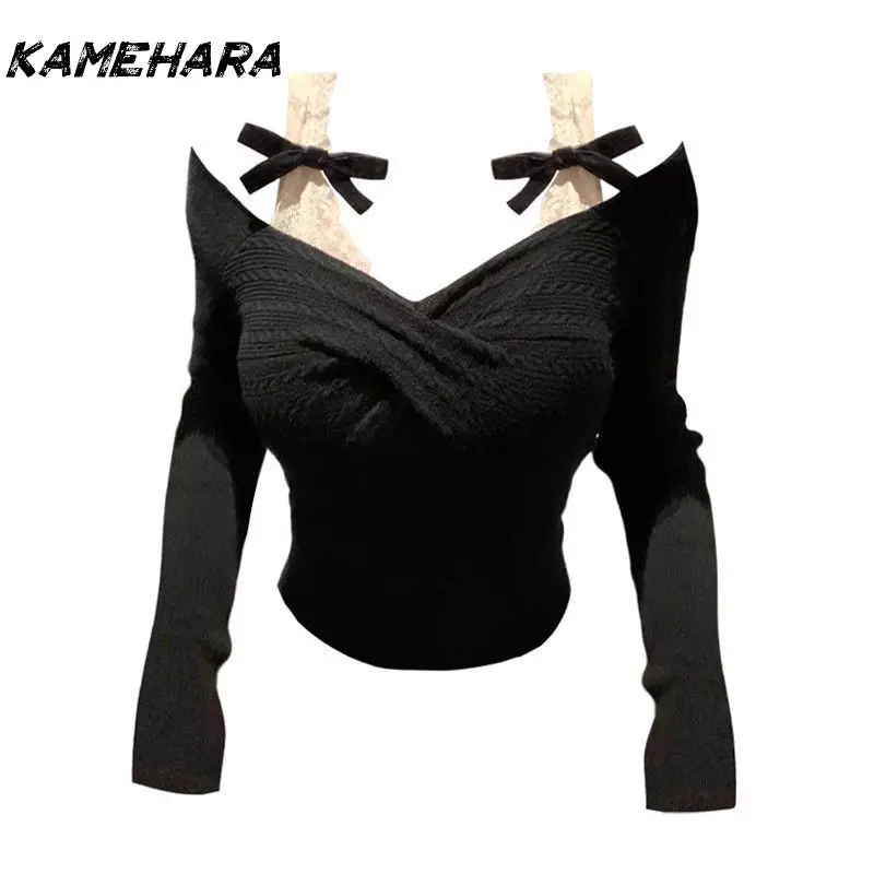 

KAMEHARA Retro Waist Cinching Knitted Fake Two Pieces Pure Desire Style Women's Spring Harajuku Design Butterfly Bow Base Blouse