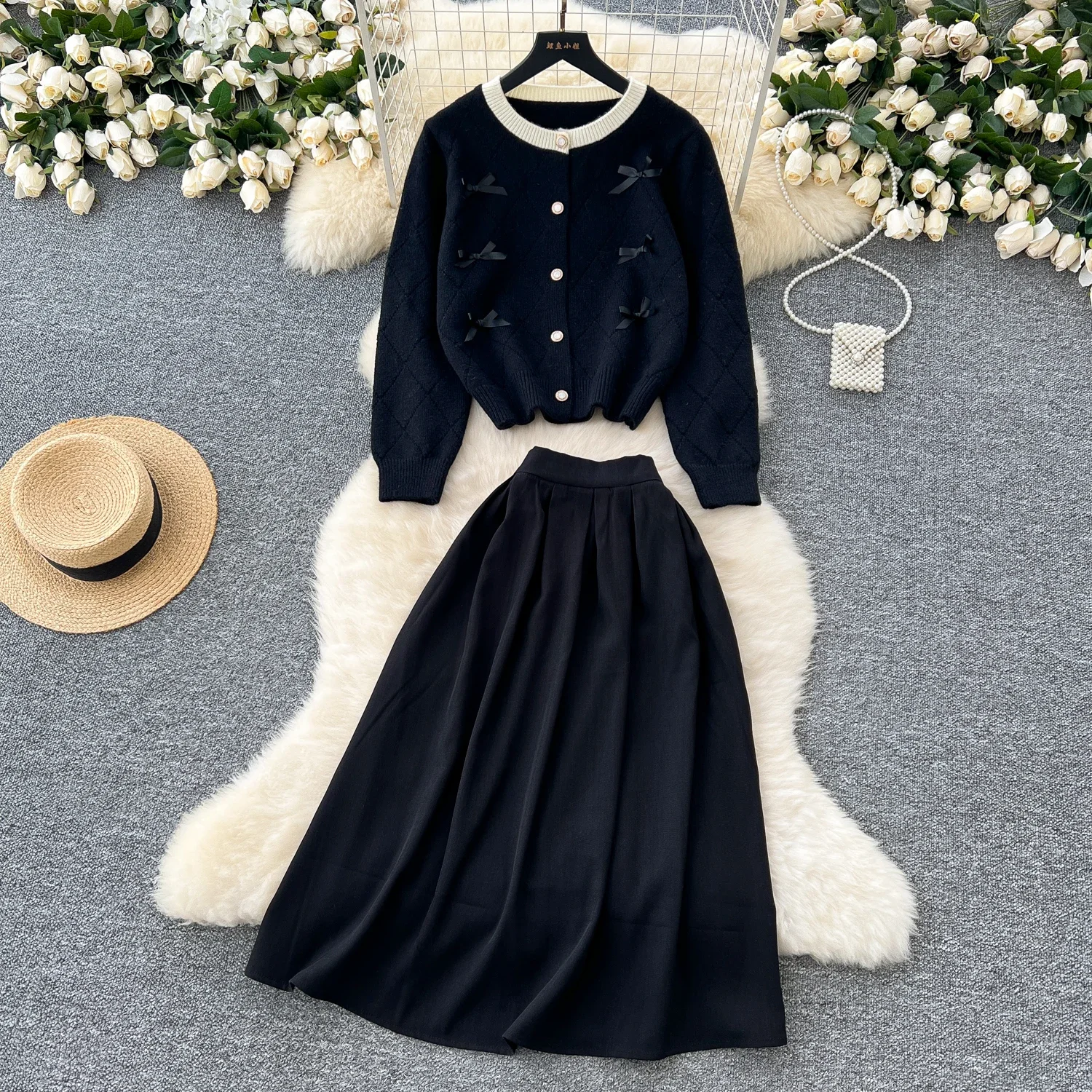 Chic Women Two-Piece Sets Vintage O-neck Single Breasted Butterfly Knit Top High Waist Skirt Korean Winter High Street Clothing