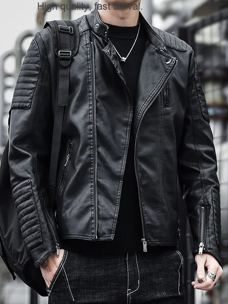 

Coat Men's Leather Trendy Korean Style Handsome Artificial Leather Jacket Stand Collar Oblique Zipper Slim Fit Cycling Clothing