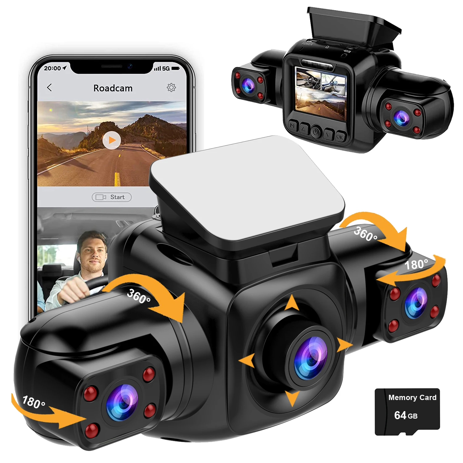 3 camera's WIFI Dash Cam voor auto's, voor- en binnencamera 1440P + 1080P * 2 auto DVR, 360 graden weergave IR nachtzicht videorecorder