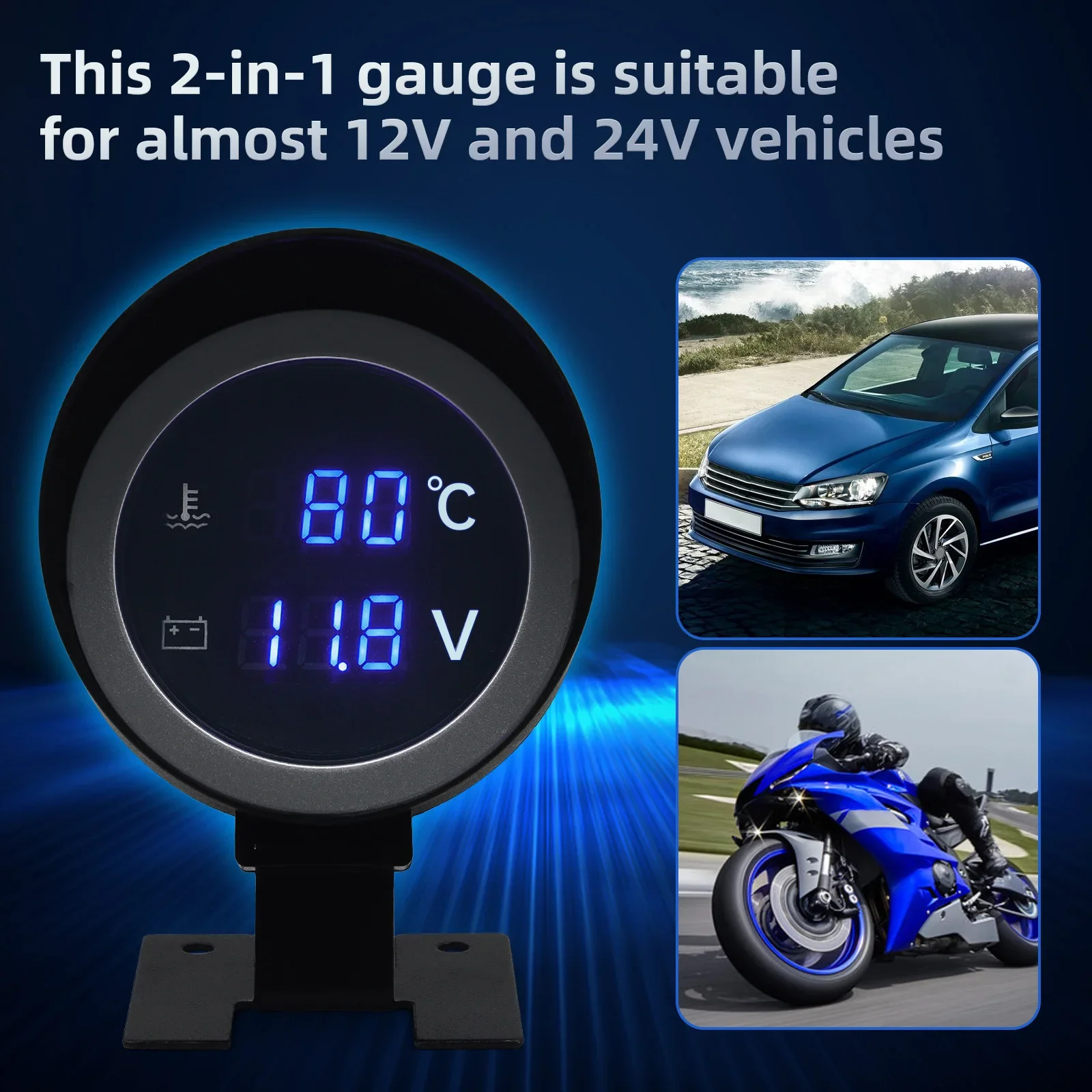 Led Digital Car Truck Water Temp Gauge Temperature Sensor + Voltmeter Volt Voltage Meter 2 in 1 with 26mm-40mm Joint Pipe Sensor view 2