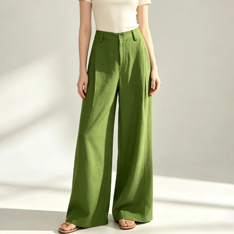 Turquoise Green Tencel Linen Wide-leg Pants for Women High-waisted Breathable Straight-leg Pants for Summer Relaxation Fashion