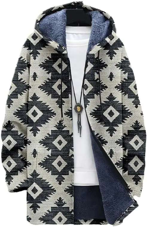 Men's Aztec Jacket Cardigan Western Cowboy Hoodies Fleece Lined Full Zipper Cable Knit Lined Sweater Coats 01