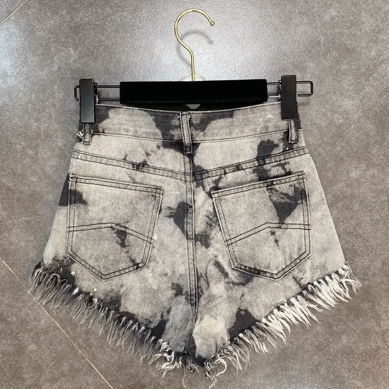 Tie Dye Denim Shorts Vrouwen 2022 Zomer Mode Kwastje Gescheurde Jeans Shorts Streetwear Losse Hoge Taille Wijde Pijpen Broek Vrouwelijke