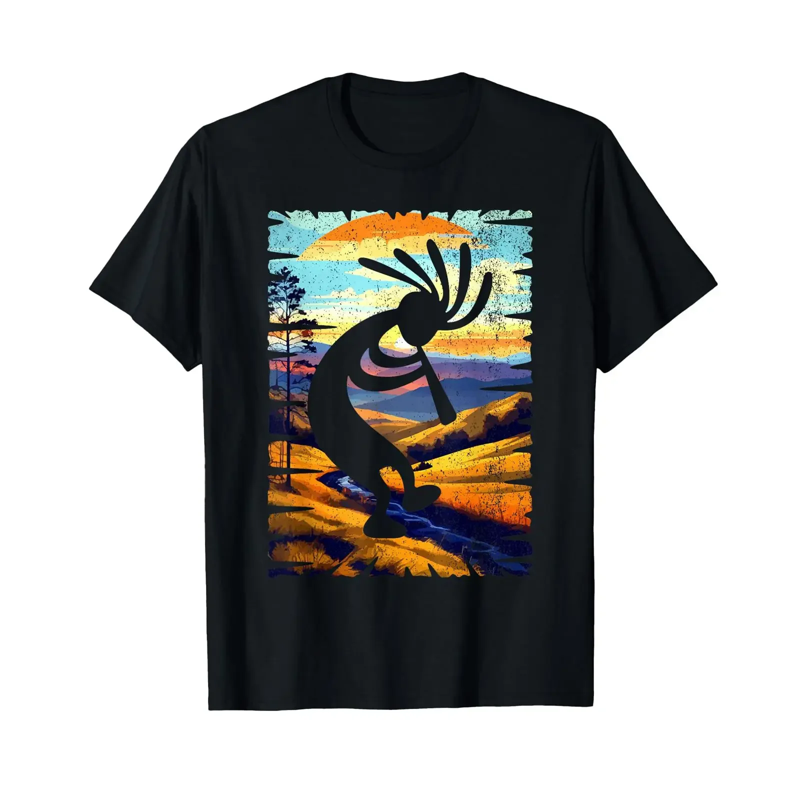 Dancing Kokopelli Southwestern USA Symbol Distressed Design T Shirt vintage Washed Unisex Casual Top For Everyday Wear