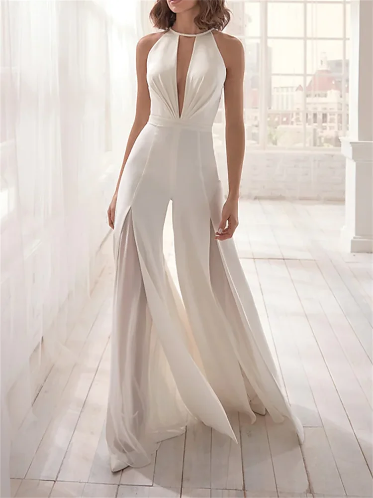 

Jumpsuits Beautiful Back Sexy Holiday Wedding Guest Dress V Neck Sleeveless Floor Length Chiffon with Lace Insert Pure Color