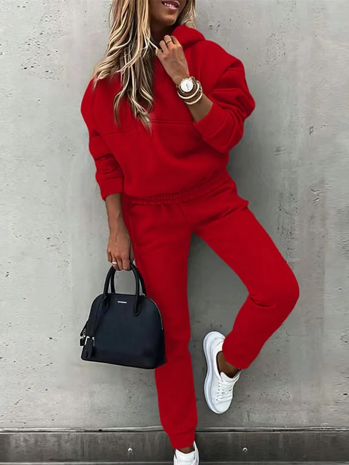 Women Solid Color Hooded Tracksuit Set