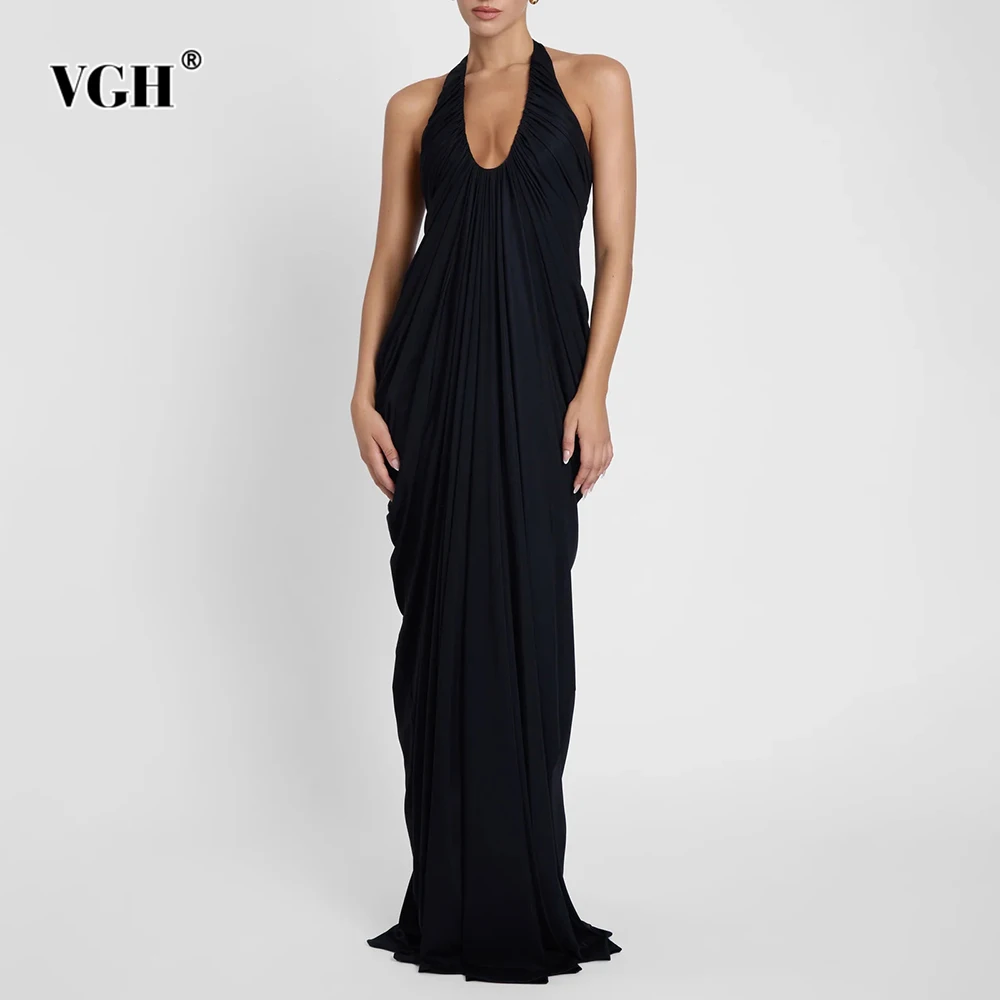 

VGH Romantic Dates Black Halter Neck Draped Mermaid Maxi Dress for Women Sleeveless Bodycon Design Skirt for Galas Red Carpet