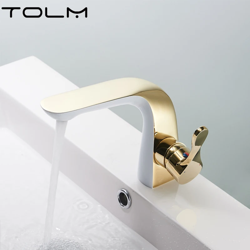 TOLM-grifo de latón cromado para lavabo de baño, grifería de lujo de una sola palanca, grifos dorados para Baño