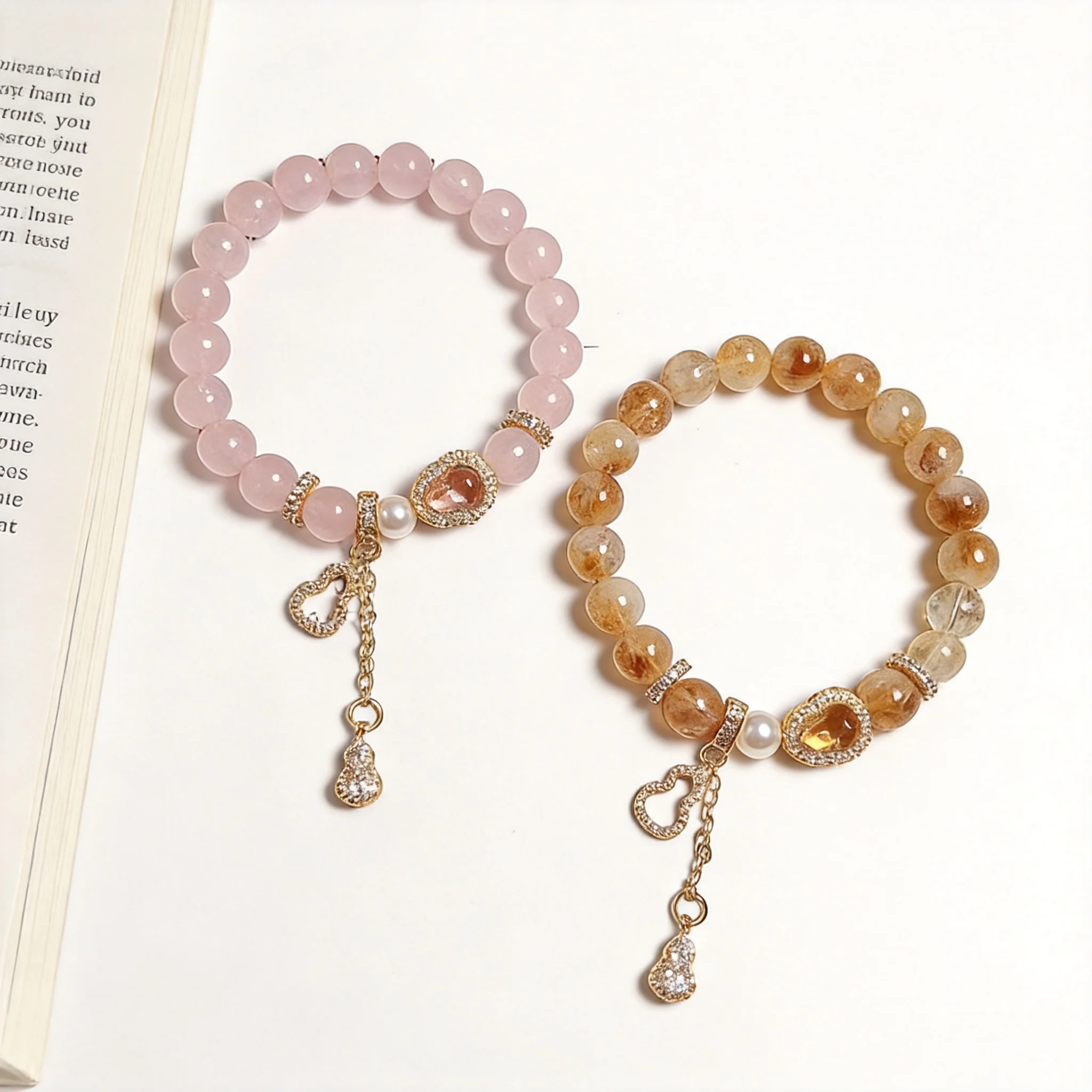 Chinese Style Good Luck Blessing 8mm Natural Rose Quartz Yellow Rutilated Quartz Bracelet Gourd Charm Wealth Attracting Jewelry