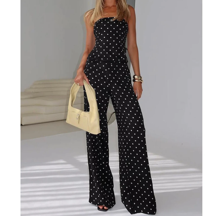 Women's High Street Sleeveless Pant Set Strapless Dots Print Tube Top And Wide Leg Pants Two Piece Outfit Loungewear