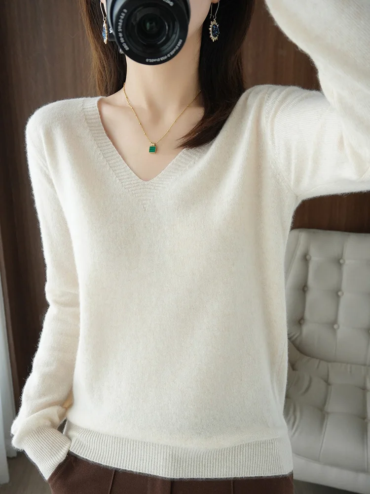 

Women's Cashmere Sweater V-Neck Short Knitted Long Sleeve Pure Color Spring New Style Casual Slim Fit Soft Wool Knit Base Shirt