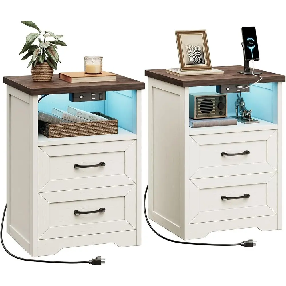 

armhouse Nightstand Set o 2, Bede Tables with Charging Station & LED Lights, End Tables with Two Ders and Open Storage, Rustic B