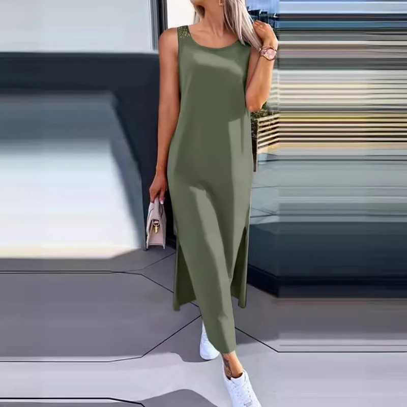 Wydrążona Sukienka Maxi Damska Bez Rękawów z Dekoltem O-neck, Nowa Letnia Dopasowana Sukienka z Rozcięciem, Vestidos Czarna