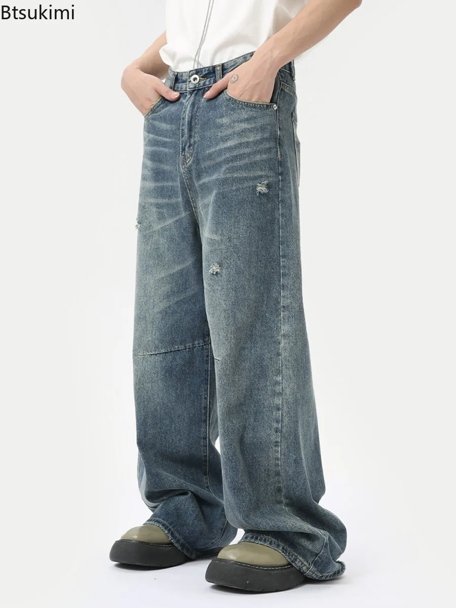 

New Men's Vintage Denim Pants Four Seasons Men Washing Trendy Loose Straight Trousers Casual Wide Leg Jeans Fashion Men Clothing