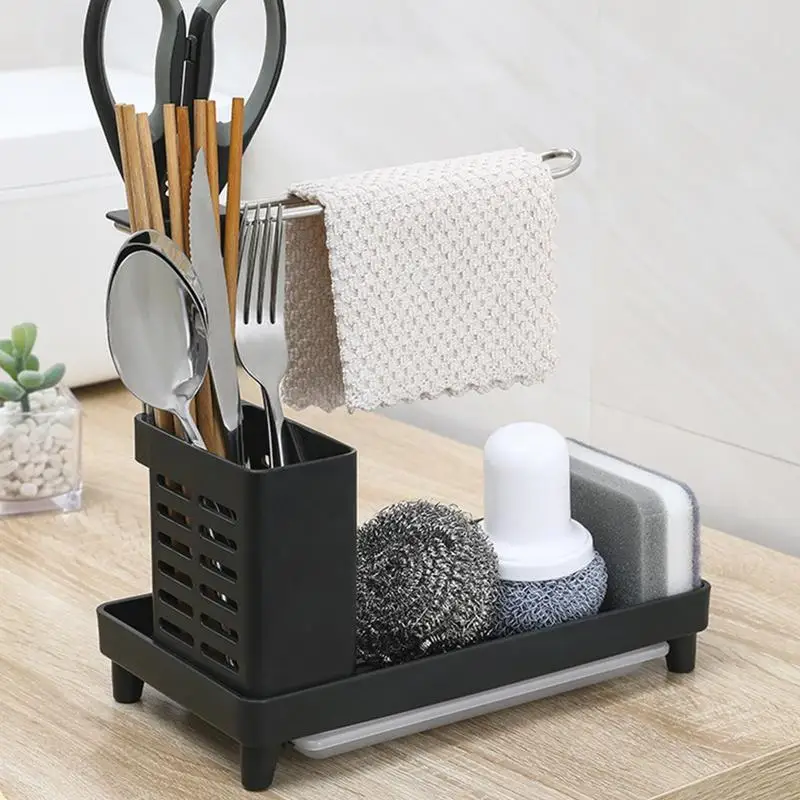 Sink Storage Rack 2-in-1 Multifunction Sponge Towel Drain Holder Rack Kitchen Sink Countertop Storage Holder Kitchen Organizer