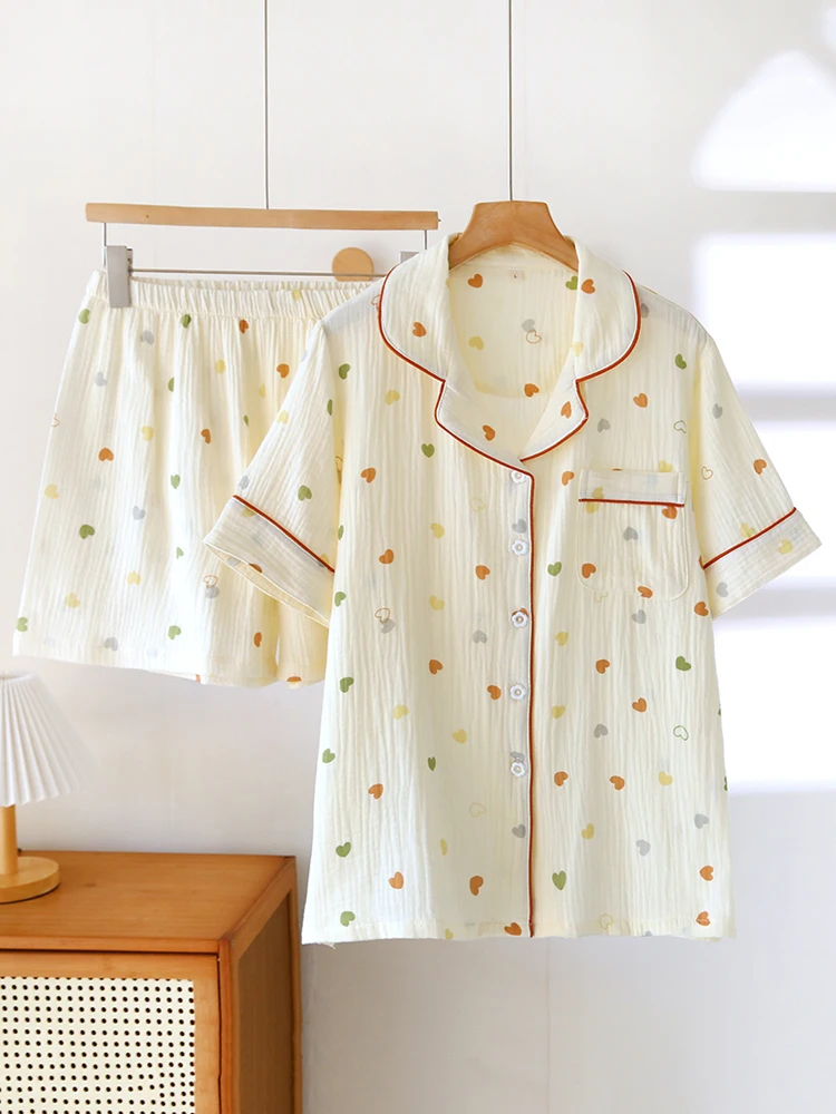 

Новинка 2025 года, двухслойный марлевый комплект из чистого хлопка с тонким воротником, комплект домашней одежды для женщин, летний легкий удобный комплект...