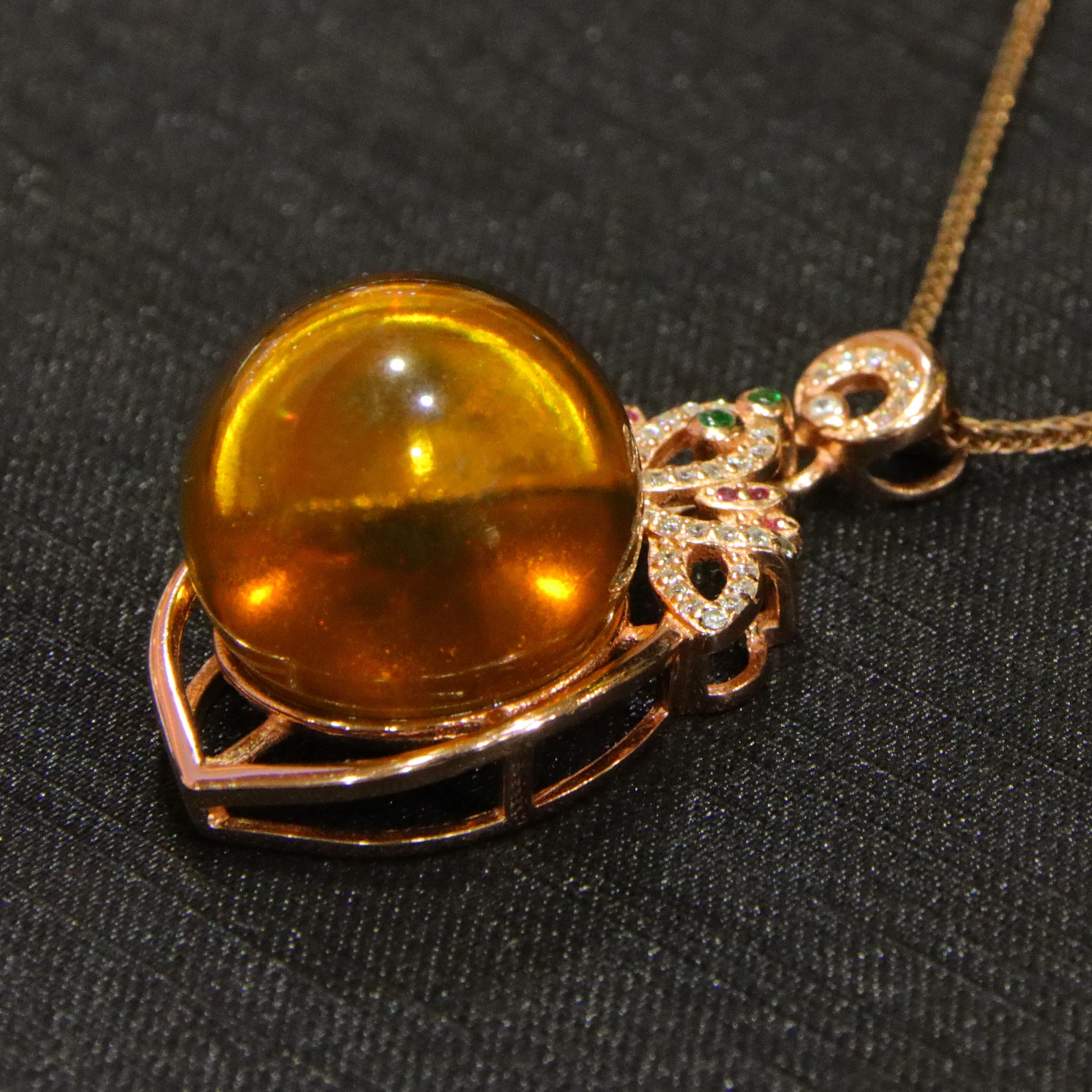 Natural Mexican Blue Amber 17mm Bead Pure Silver Pendant encircled with Natural Zircon Stones Flower Shaped Bail and Pure Silver