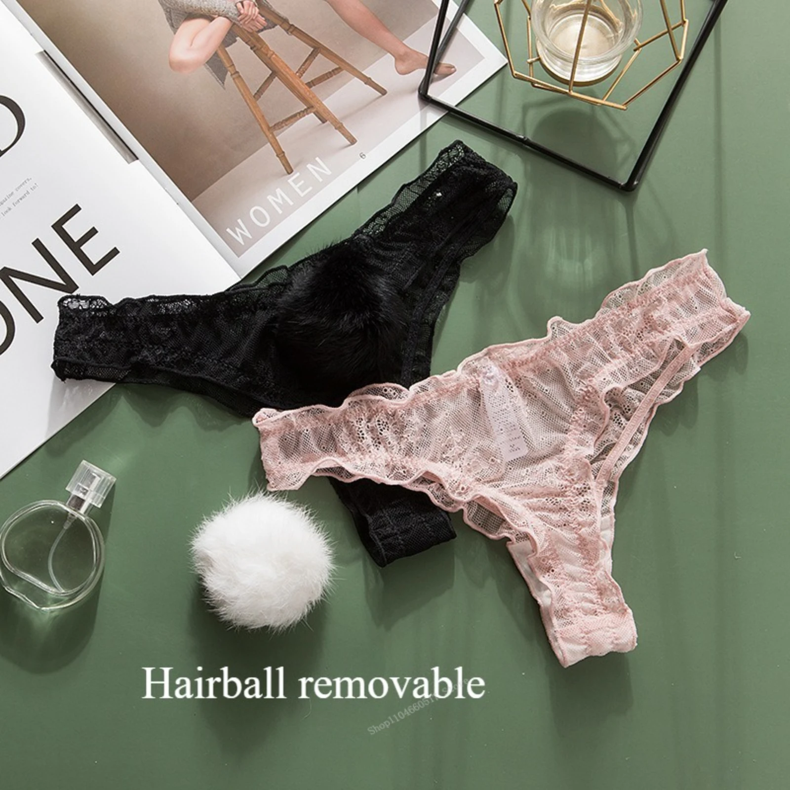 Women Lace Mesh Cotton Thongs Panties Sexy Rabbit Tail Waist Female Underpants Pantys Lingerie Vintage Lingerie for Women