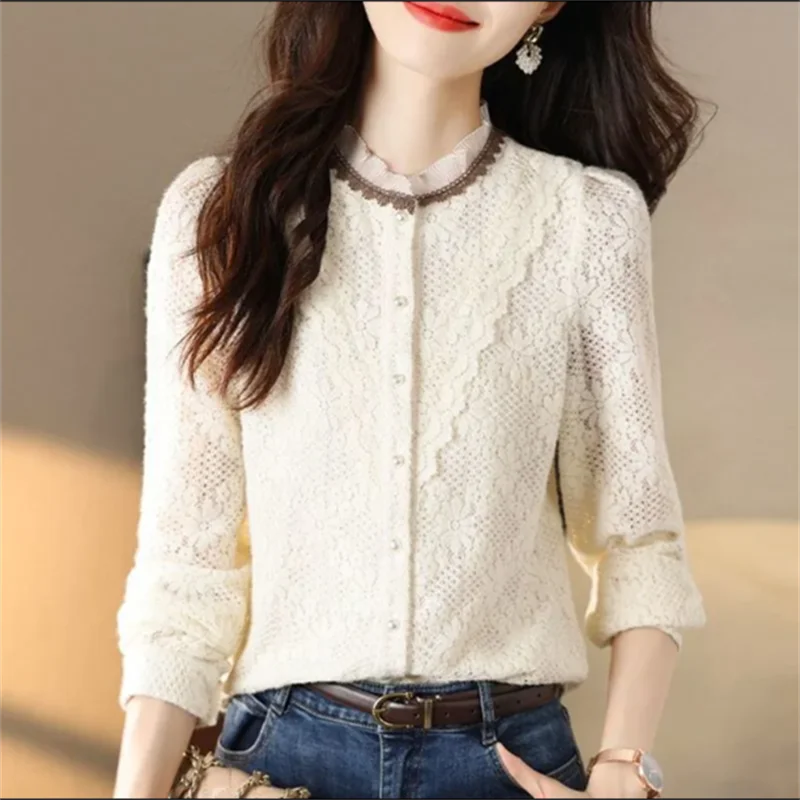 Lace Blouse Women's Shirt Hollowed Out Bottom Top Wrinkled edge Button Up Shirt Loose Elegance Blous Spring Autumn Female Shirts