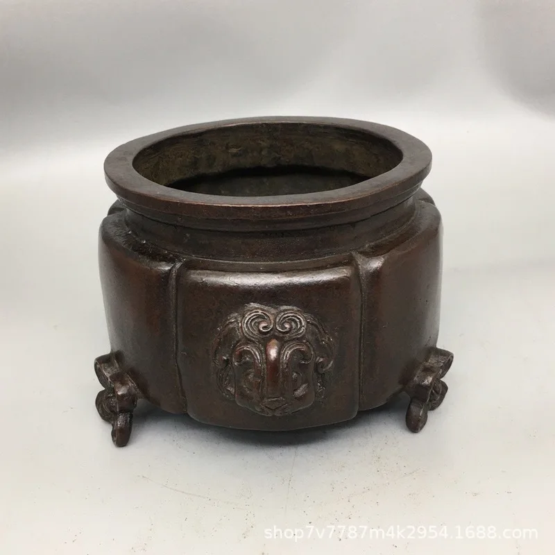 Purple copper craft incense burner with three animal ears and plum blossom legs, home living room decorative ornament