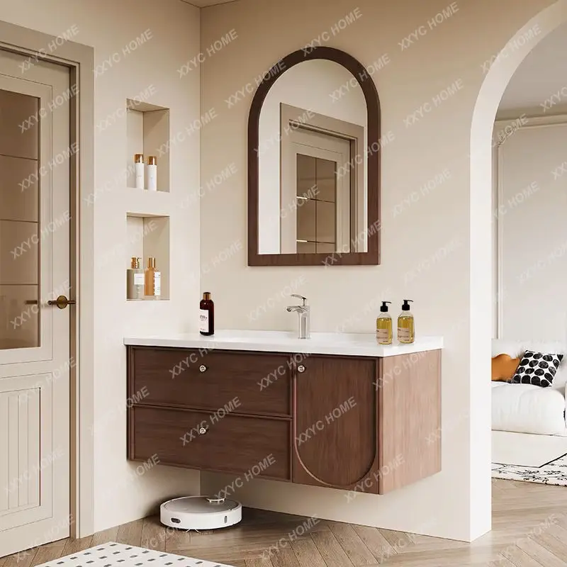 

Средневековый ретро-комплект для ванной комнаты: тумба с интегрированной керамической раковиной и умывальник из окрашенного дуба