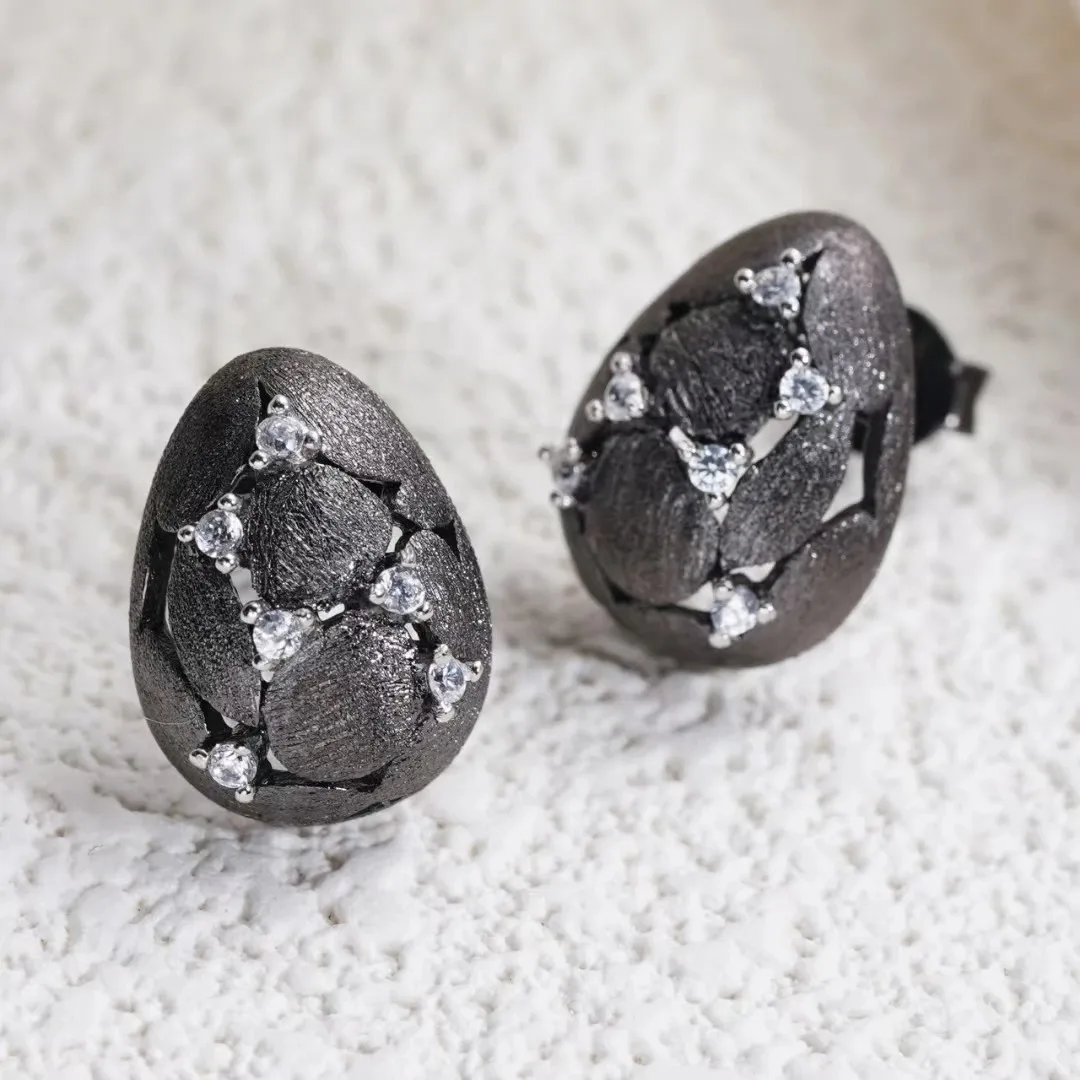 Genuine Italy Silversmith Vintage 925 Silver Ziircon Gold Egg Shape Ear Stud Black CZ Drop Dangle Earring Fine Jewelry Custom