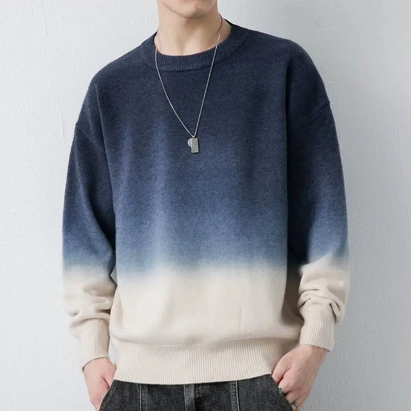 

Stylish O-Neck Knitted Spliced All-match Gradient Sweaters Men's Clothing 2022 Autumn New Oversized Casual Pullovers Warm Tops