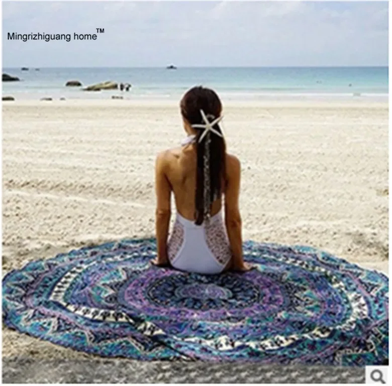 

150cm Sunscreen Shawl Summer Round Sand Beach Towel for Adults Women serviette de plage Swimming Sunbath with Tassel OU 054