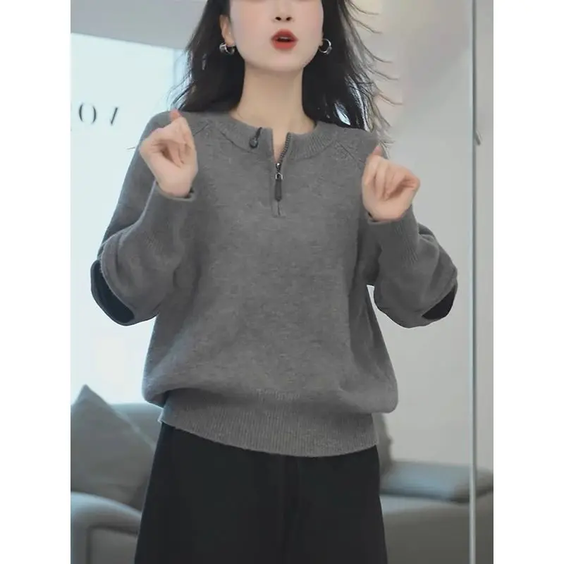 Womens Half Zip Knit Sweater Loose Lazy Style Elbow Patch Long Sleeve Casual Pullover For Autumn Winter Inner Outer Wear