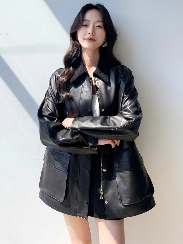 Damskie kurtki wiatrówki z prawdziwej skóry vintage, luksusowe, proste, z kontrastowym sztruksowym kołnierzem, luźne, miękkie płaszcze z prawdziwej skóry owczej.