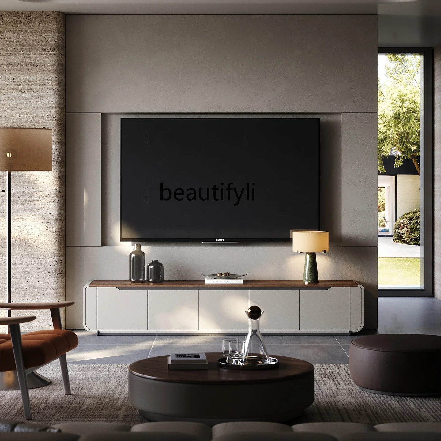 X Light luxury TV cabinet, living room home, modern simplicity and high-end walnut grain floor locker