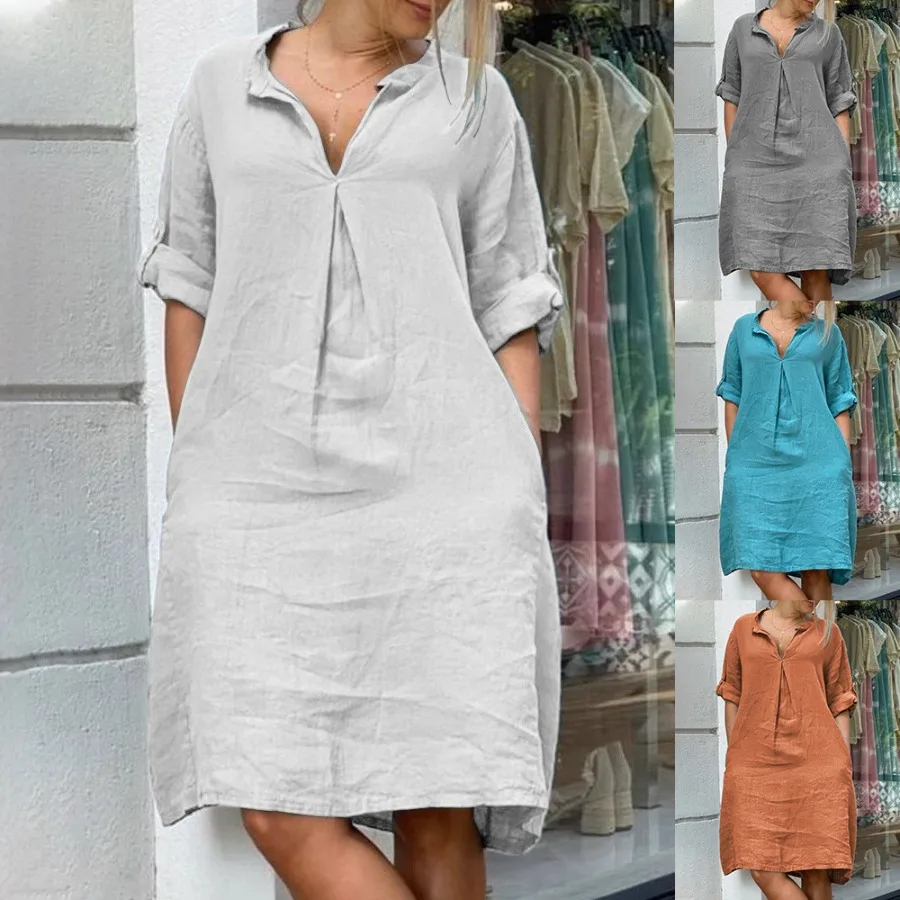 

【New style】2026 New Women's Dress Casual V-neck Discount Long-sleeved, Clear Color and Multicoloured Women's Dress