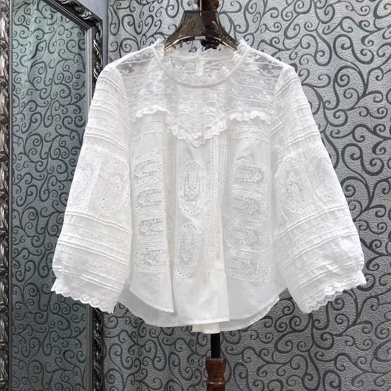 100%Cotton Blouse 2024 Autumn Designer Fashion Tops Women Lace Embroidery Patchwork 3/4 Sleeve Elegant White Blouse Shirts