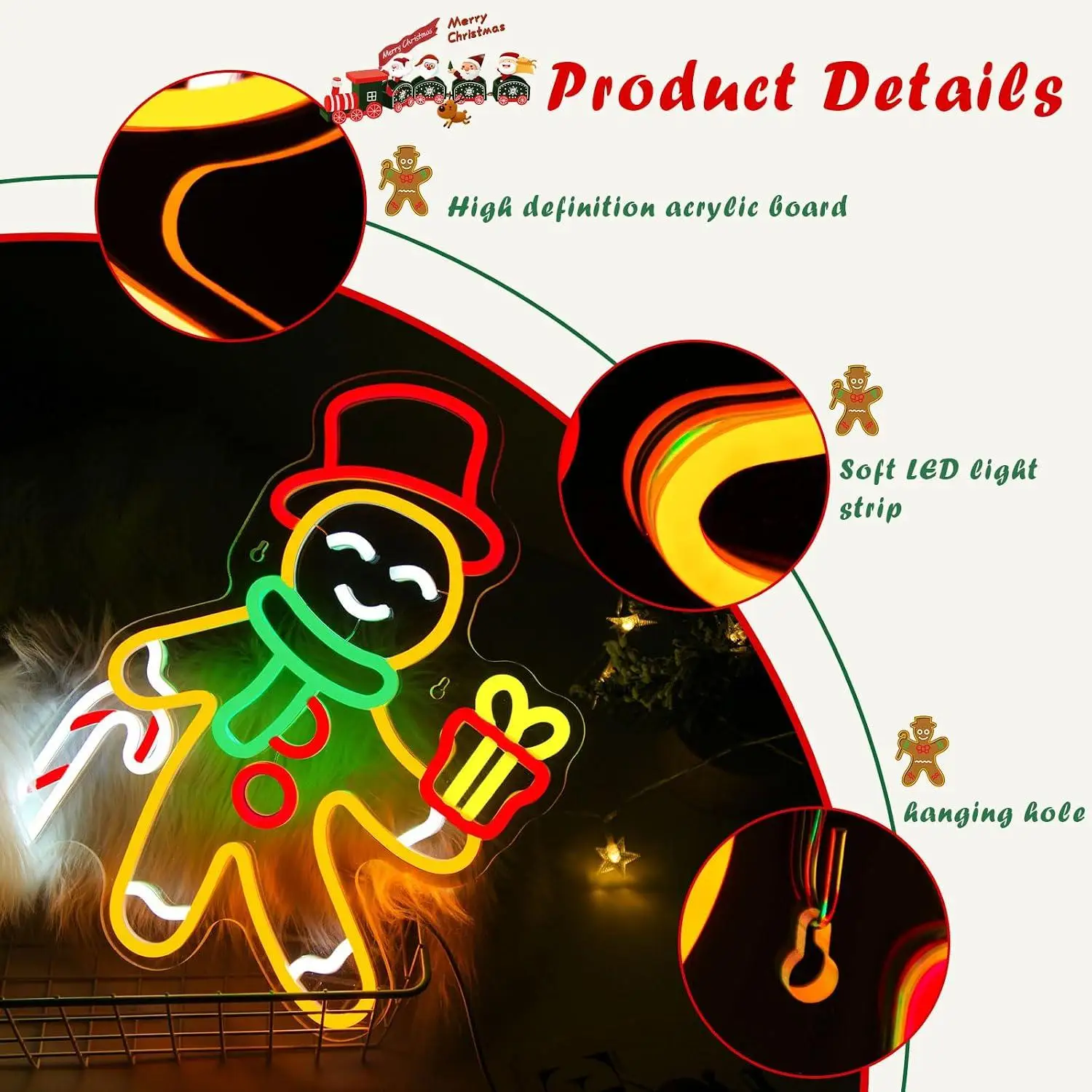 Gingerbread Man Neon Sign LED Wall Mounted Lamp For Indoor Living Space Bedroom Showcase Holiday Gathering Xmas Party Decor