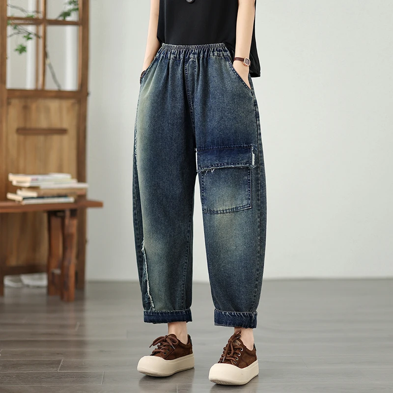 6756 Vintage Patchwork Women's Denim Pants Spring Fall Fashion Elastic Waist Loose Casual Hip Hop Streetwear Creative Jeans