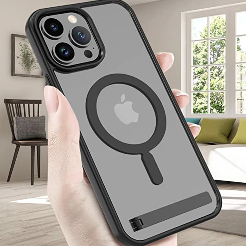 UYUXIO Magnetische Handyhülle mit Ständer, transparente schwarze Schutzhülle mit Halterung für iPhone 17 Pro Max 16 15 14 13 12 Mini