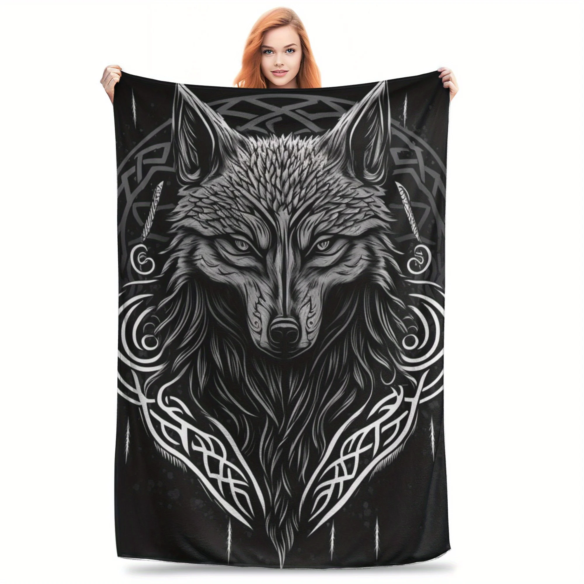 Viking Wolf Print Flannel Blanket Soft Warm All Season Throw for Couch Office Bed Camping Gift Idea