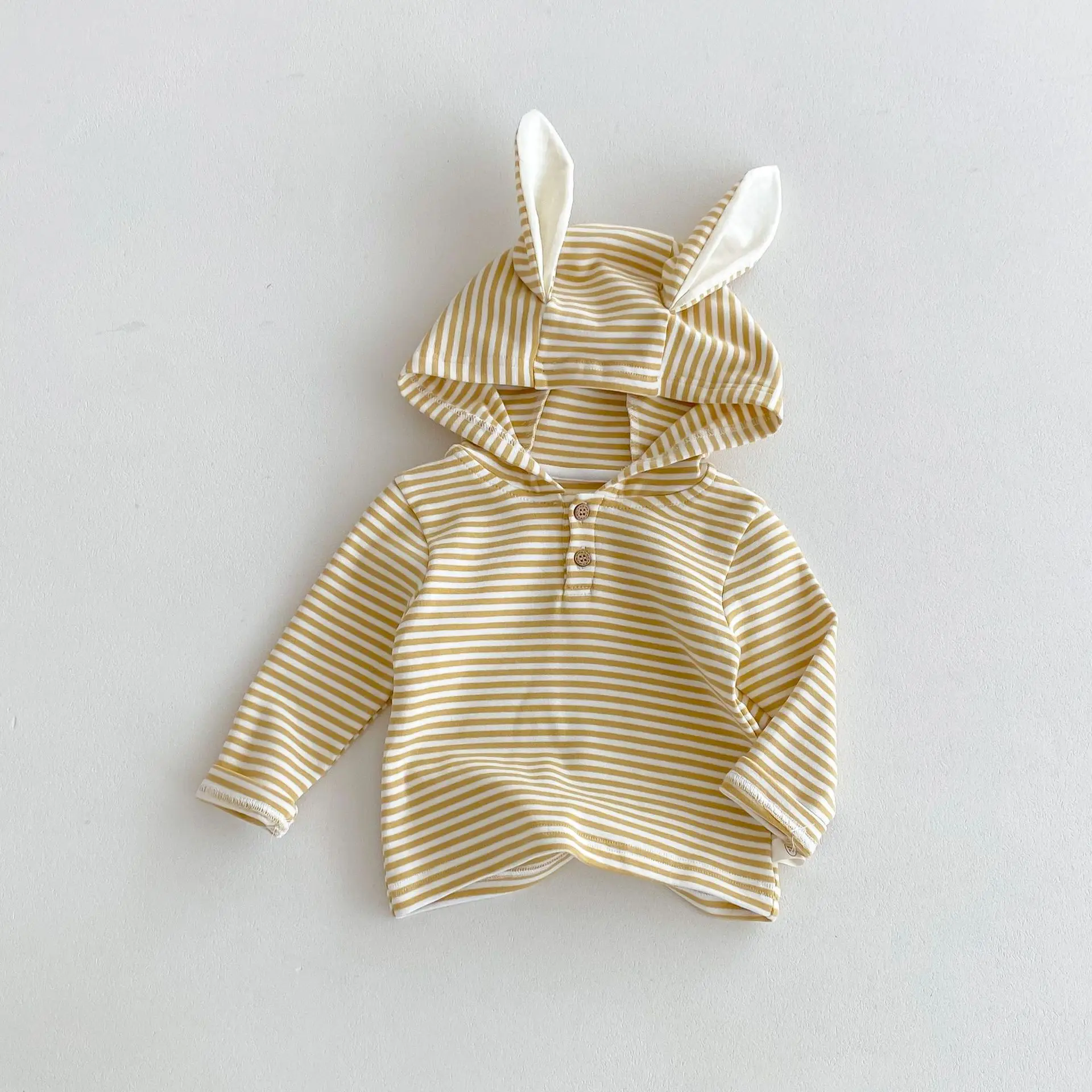 

Simple Baby Boys Girls Rabbit Ears Hooded Shirts Spring Autumn Long Sleeved Striped Tees Cute Toddler Tops