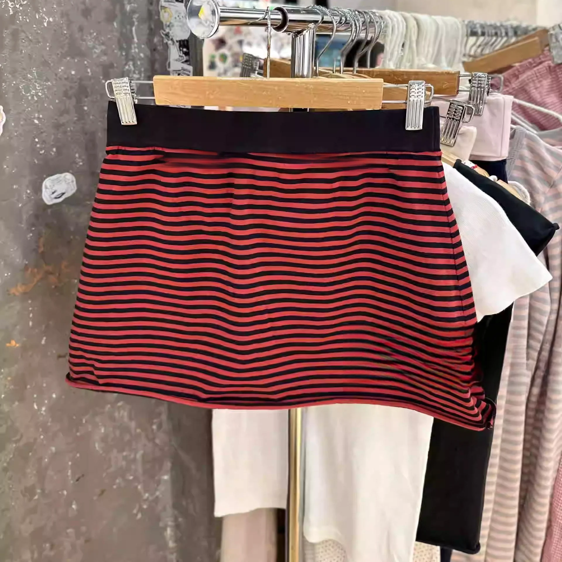 

Red Stripe Cotton f-length Skirt Women's Retro American Sle ort Skirt Elastic Waist -length Commute Sle 2025 New