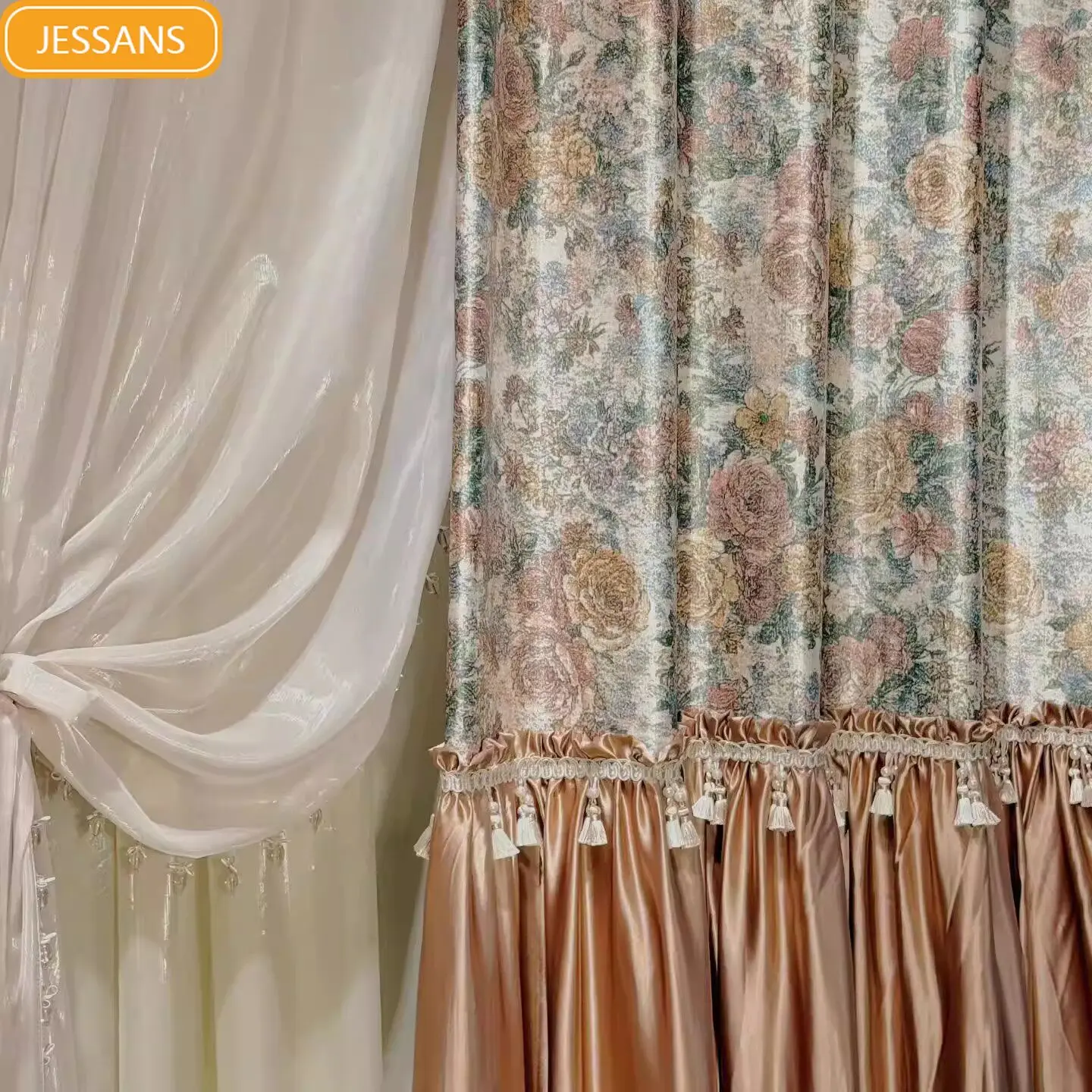 

American Retro Pink Rose Oil Painting Patchwork Curtains for Living Room Bedroom Villa Custom Window Screens Finished Partition