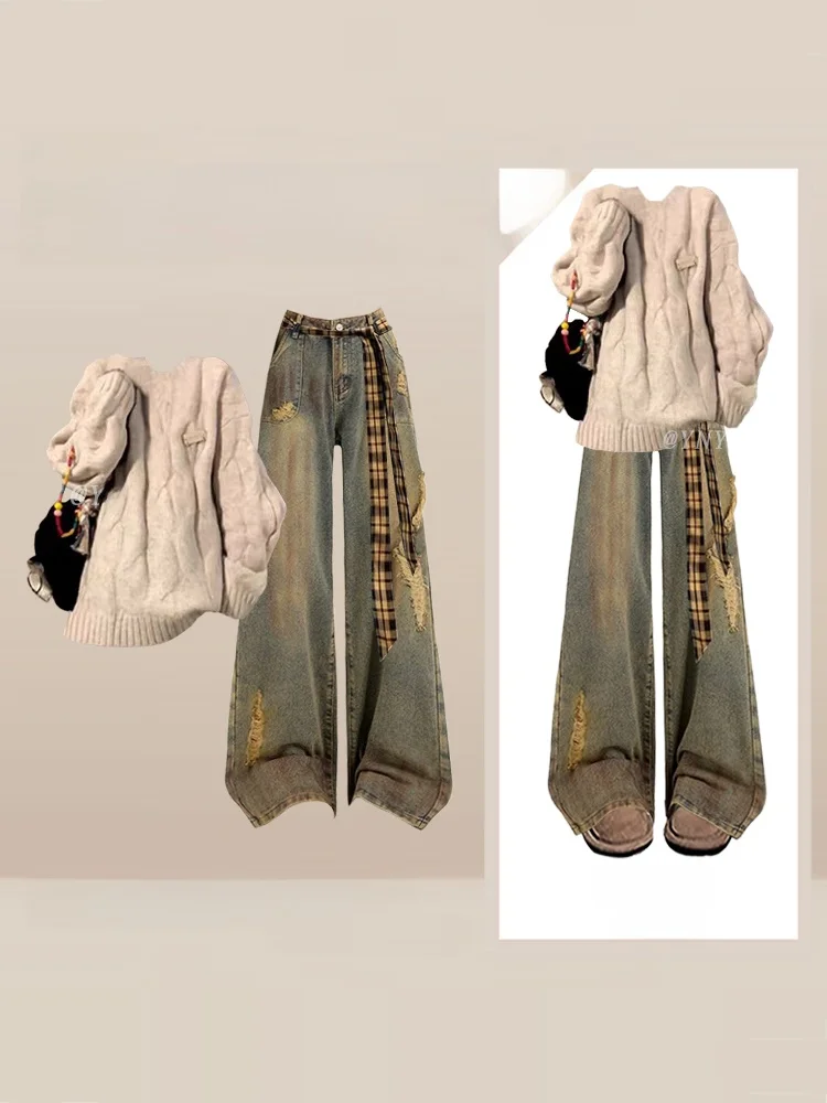 

Утепленный вязаный свитер с косами и джинсы: модный зимний комплект для женщин, свободный, удобный, теплый наряд для взрослых